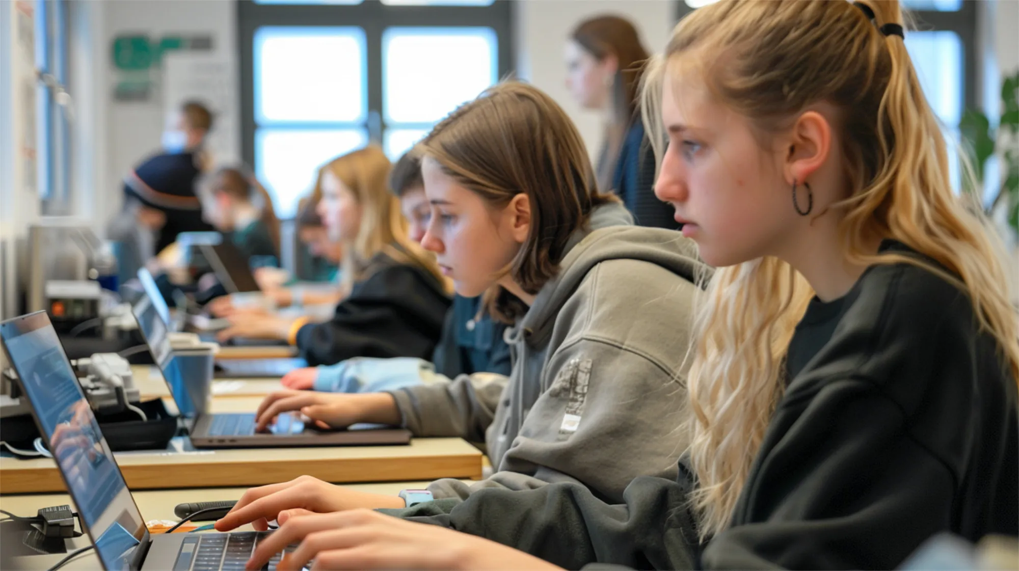 Schülerinnen nehmen an einem Coding-Workshop im Rahmen der RWU-Anniversary Tour teil. 
