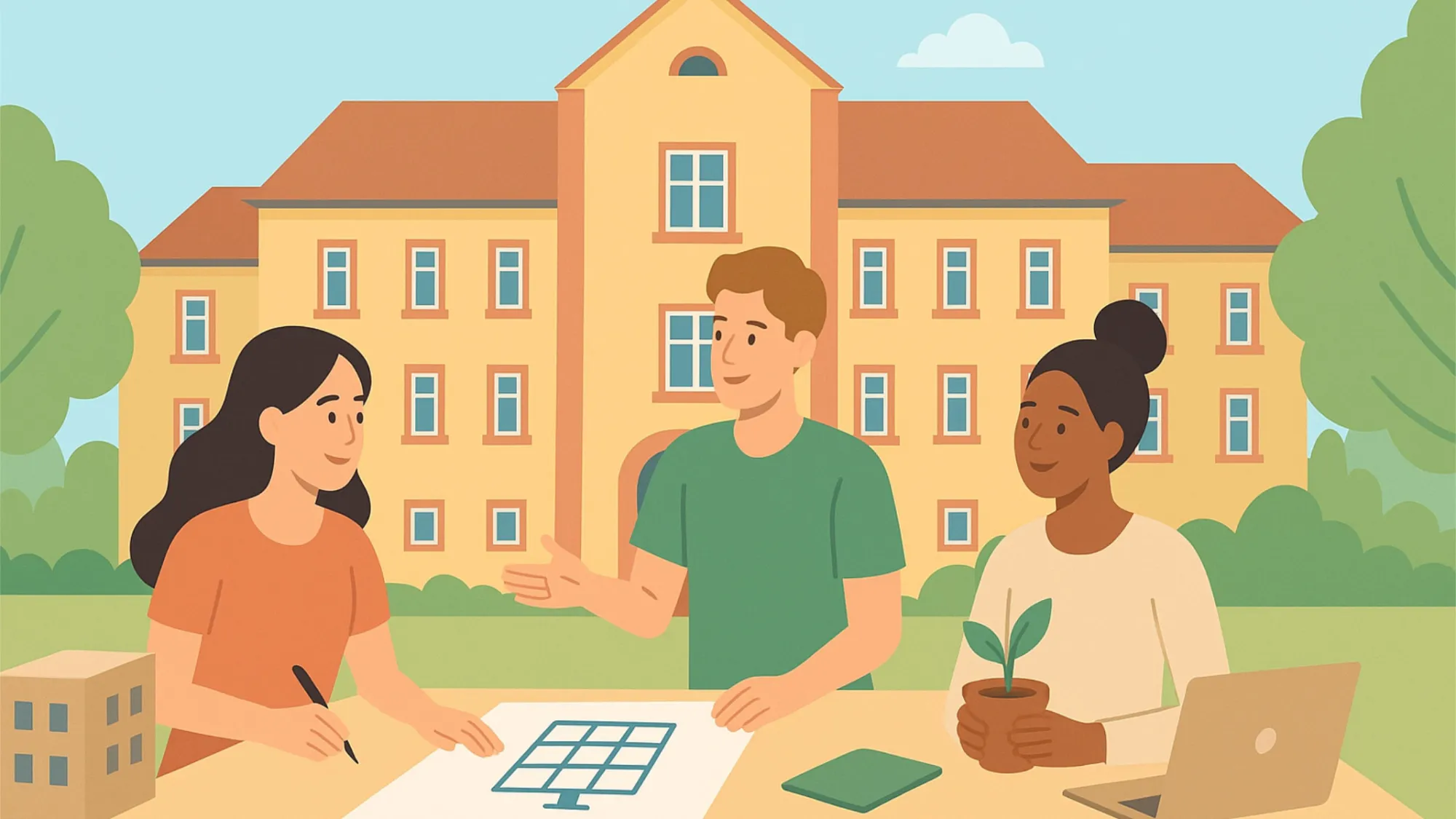 Studierende arbeiten vor Hochschulegebäude