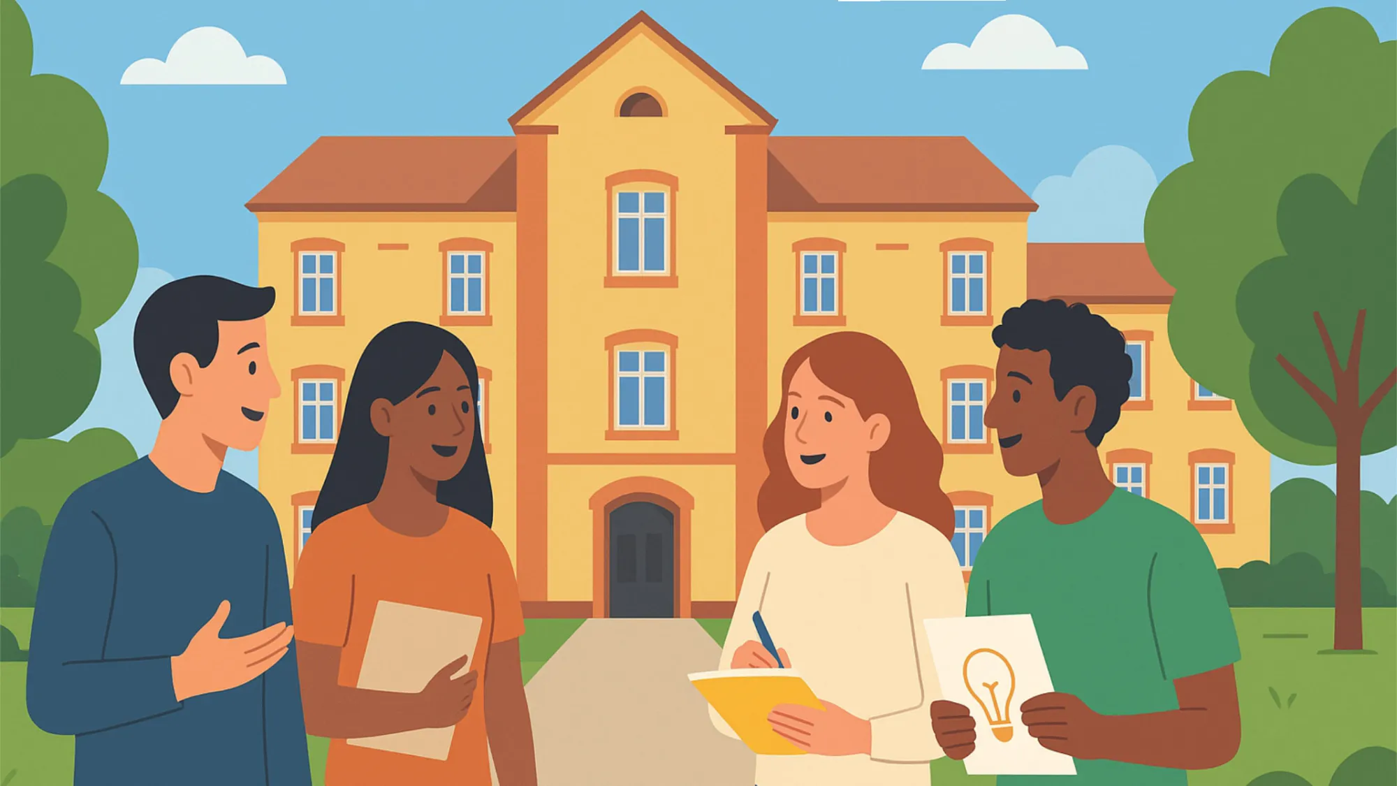 Studierende oder Mitarbeiter stehen vor einem Gebäude und diskutieren
