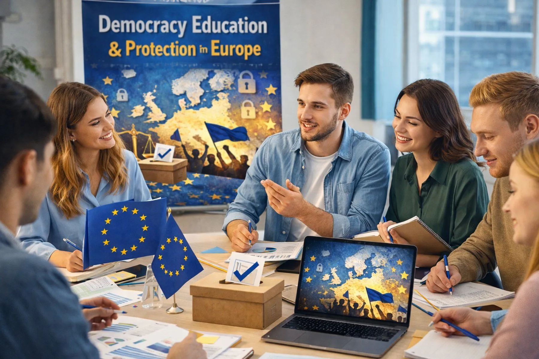 Eine Gruppe von Studierenden erarbeitet das Thema Demokratiebildung und -schutz in Europa