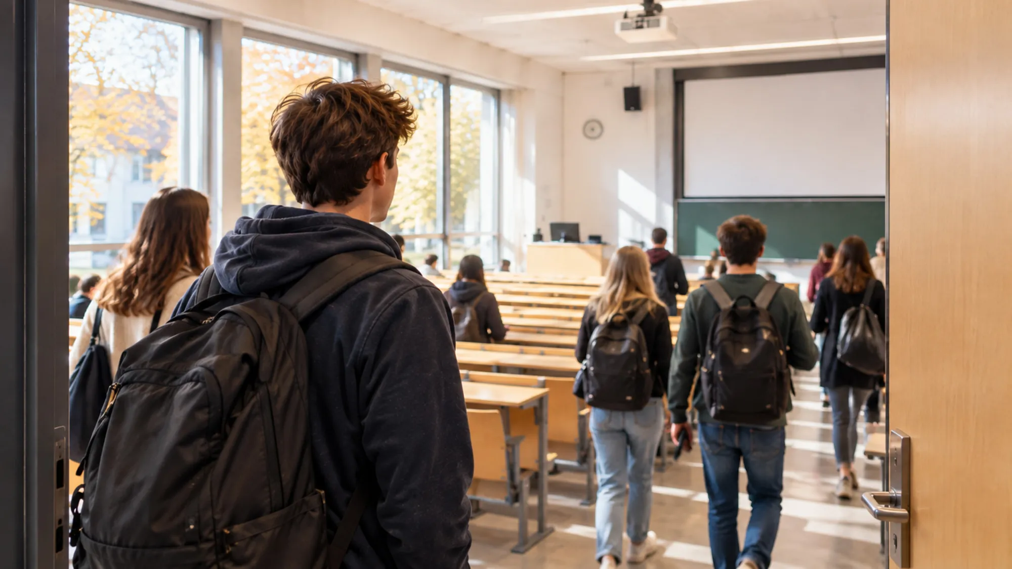 Schüler betritt einen Hörsaal, um an einer Probevorlesung teilzunehmen.