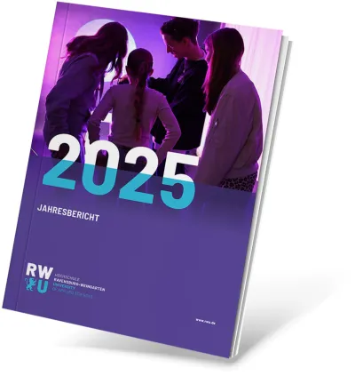 Cover of the RWU 2025 annual report featuring students in a modern learning environment