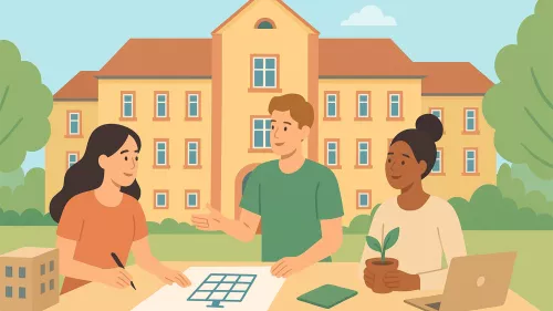 Studierende arbeiten vor Hochschulegebäude