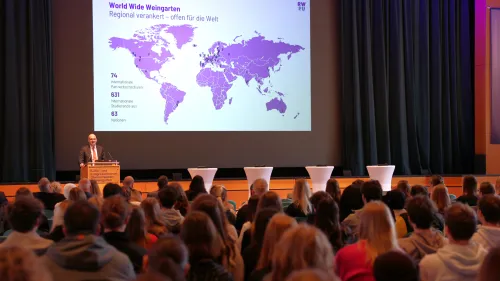 Erstsemesterstudierende bei der Erstsemesterbegrüßung im Kultur- und Kongresszentrum mit Blick auf eine Landkarte mit RWU-Partnerhochschulen. 