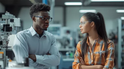 Young Mechatronics Engineers discussing issue