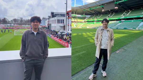 RWU-Student Xiao Xu an seinen Arbeitsstellen beim FC Bayern München (links) und beim SV Werder Bremen. 