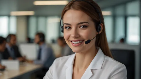 Eine lächelnde Frau mit Headset und weißer Bluse, die im Vordergrund eines Büros in die Kamera schaut.