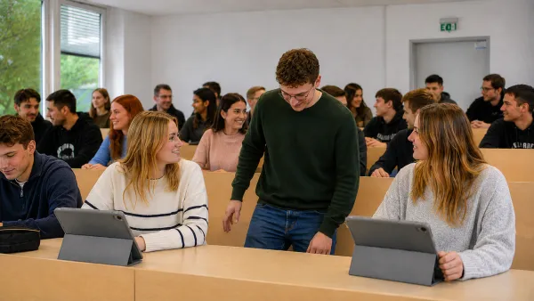Student im Hörsaal ist gerade dabei, sich hinzusetzen.