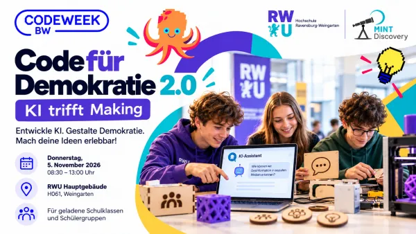 Banner für die Code Week Veranstaltung an der RWU - Code für Demokratie 2.0 am 5. November 2026