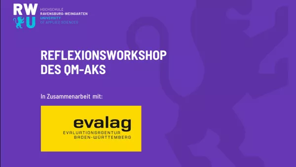 Powerpoint-Folie mit dem Titel Reflexionsworkshop des QM-AKs zusammen mit der Akkreditierungsagentur evalag 2019