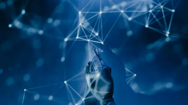 Roboter-Hand  vor blauem Hintergrund symbolisiert die Digitalisierung.