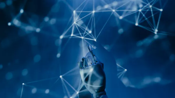 Roboter-Hand vor blauem Hintergrund symbolisiert die Digitalisierung.