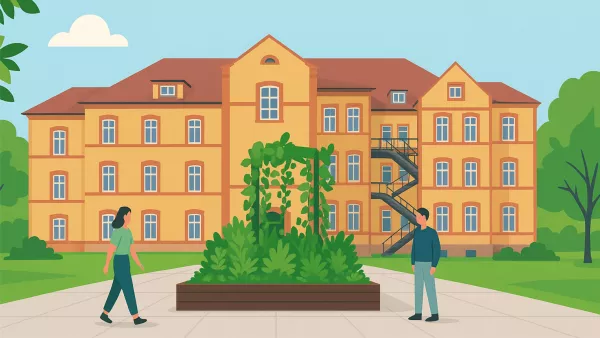 V-Gebäude mit Grüninsel
