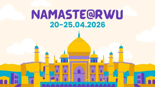 Fiktive indische Szenerie mit einem Palast und der Überschrift Namaste@RWU