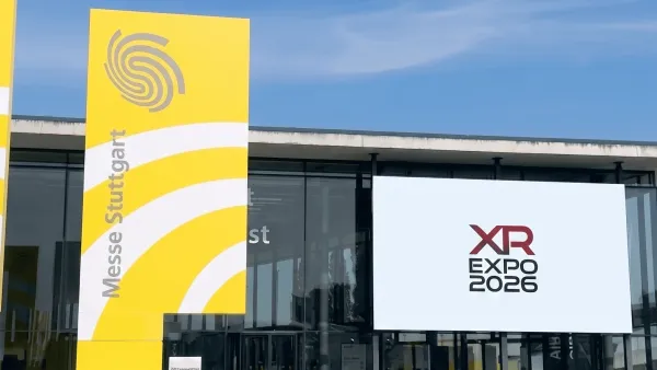 Eingang der Messe Stuttgart mit Wegweiser und Screen zur XR Expo 2026
