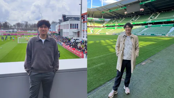 RWU-Student Xiao Xu an seinen Arbeitsstellen beim FC Bayern München (links) und beim SV Werder Bremen. 