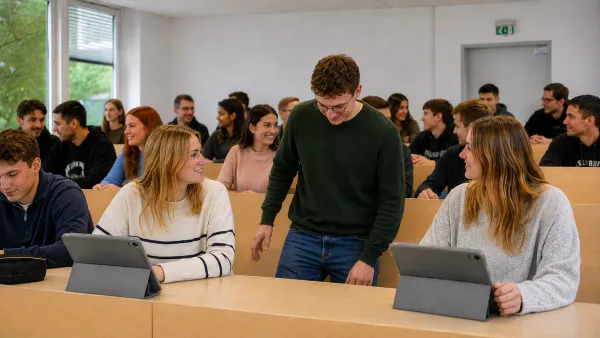 Student im Hörsaal ist gerade dabei, sich hinzusetzen.