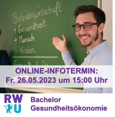 Junger Mann weist auf den Studiengang Gesundheitsökonomie hin