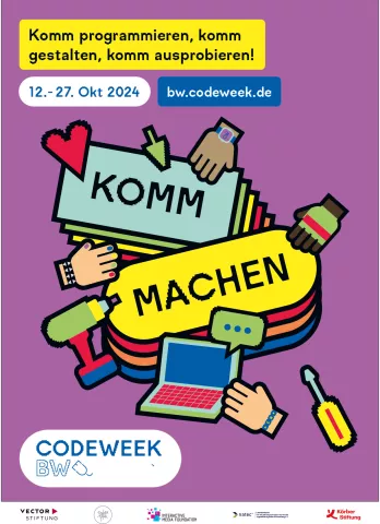 Poster der Code Week Baden-Württemberg mit Schriftzug "Komm Machen"