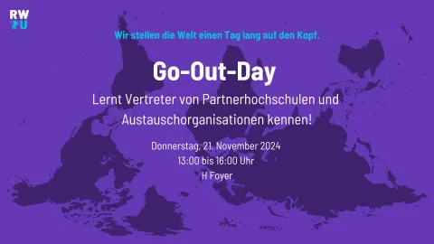 Werbung für den Go-Out-Day mit umgedrehter Weltkarte im RWU-Layout