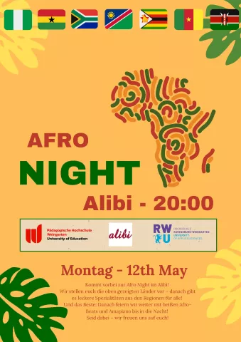Poster für Länderabend Afro Night am 12.05.2025 um 20 Uhr im alibi Weingarten