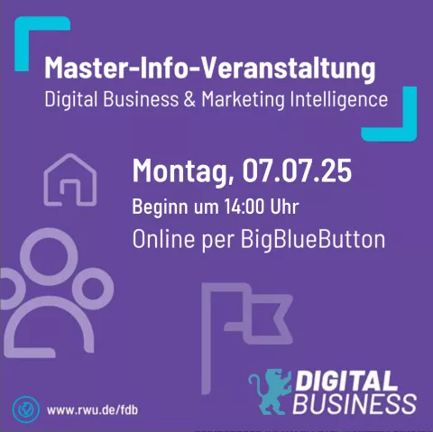 Infographik: digitale Master-Info-Veranstaltung am 07.07.25 um 14 Uhr zu Digital Business & Marketing Intelligence