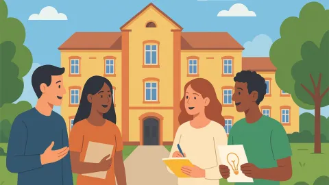 Studierende oder Mitarbeiter stehen vor einem Gebäude und diskutieren