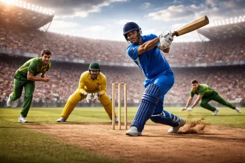 Cricket-Spieler in Action in einem gut besuchten Stadion