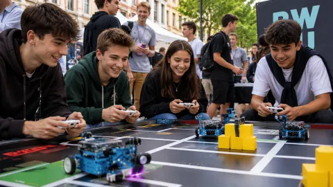 Jugendliche steuern Roboter bei einem Spiele-Event in der Stadt mit Controllern.