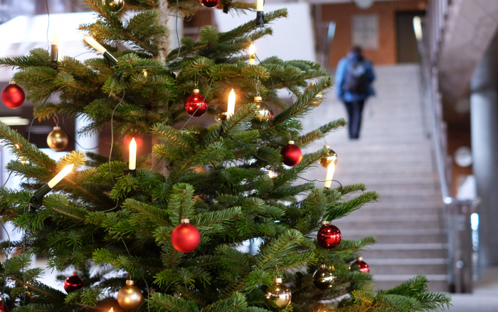 RWU-Weihnachtsbaum 2020 mit Person im Hintergrund